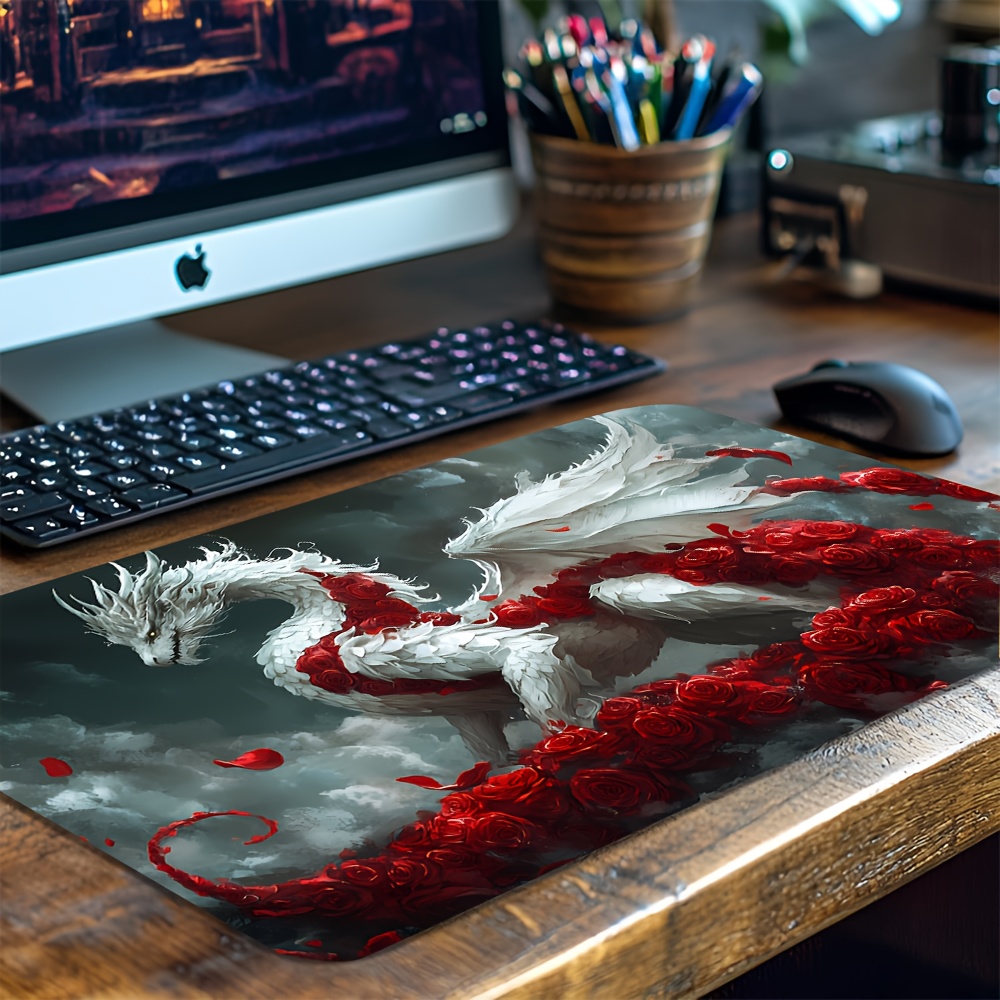 White Dragon Playmat with Red Roses, Gaming Mat